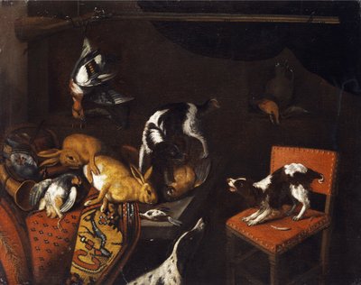 Still Life with Dead Hares and Birds, Armchair, Hounds, Hunting Gun by Follower of Frans Snyders